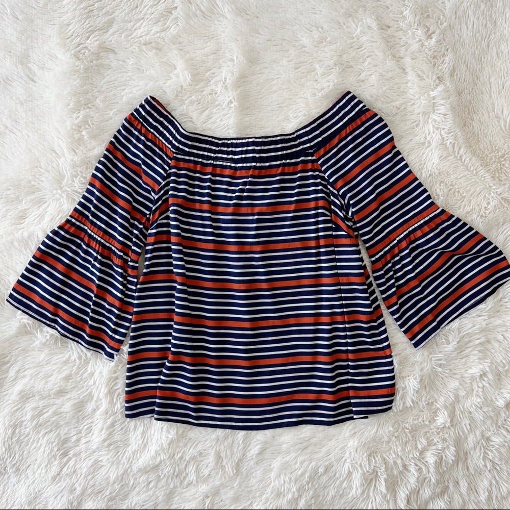 Carolina Belle off the shoulder top navy orange white striped bell sleeves Sz S